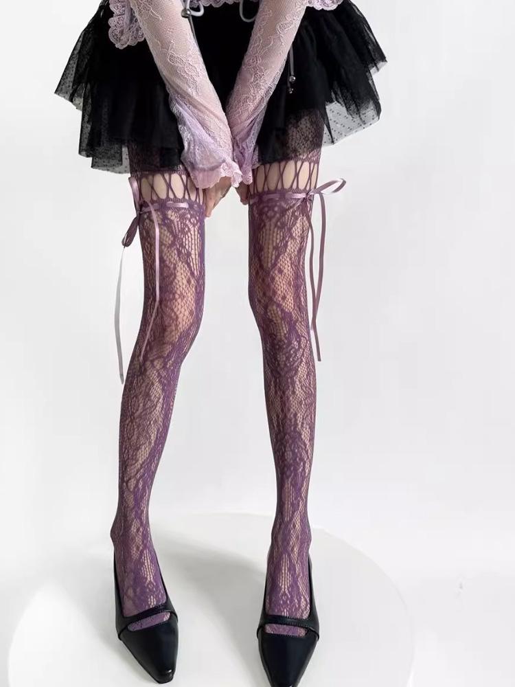 Women Sexy See Through Mesh Sheer Fishnet Stockings JK Uniform Bow Tie Strap Lace Bottoming Pantyhose New Design Beige Tights