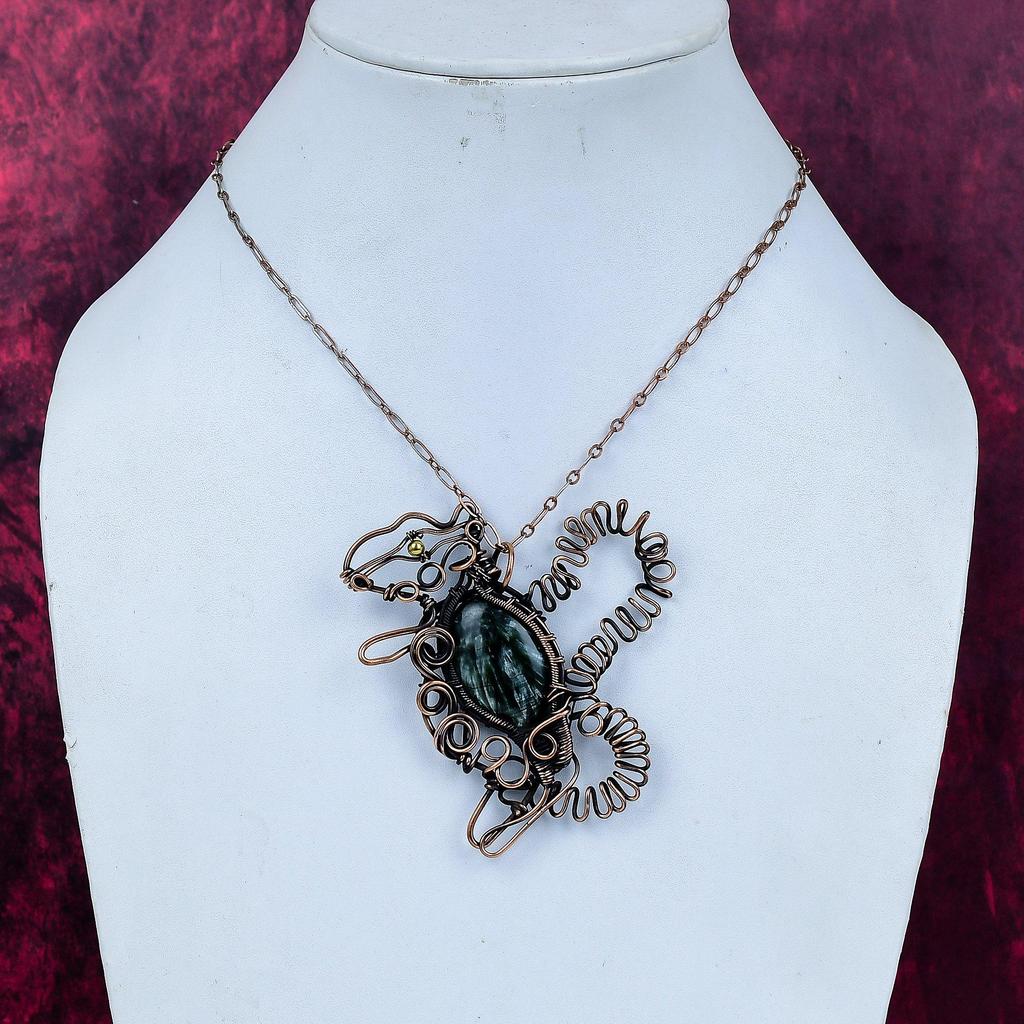Seraphinite Pendant Gemstone Rabbit Pendant Handmade Copper Wire Wrapped Jewelry