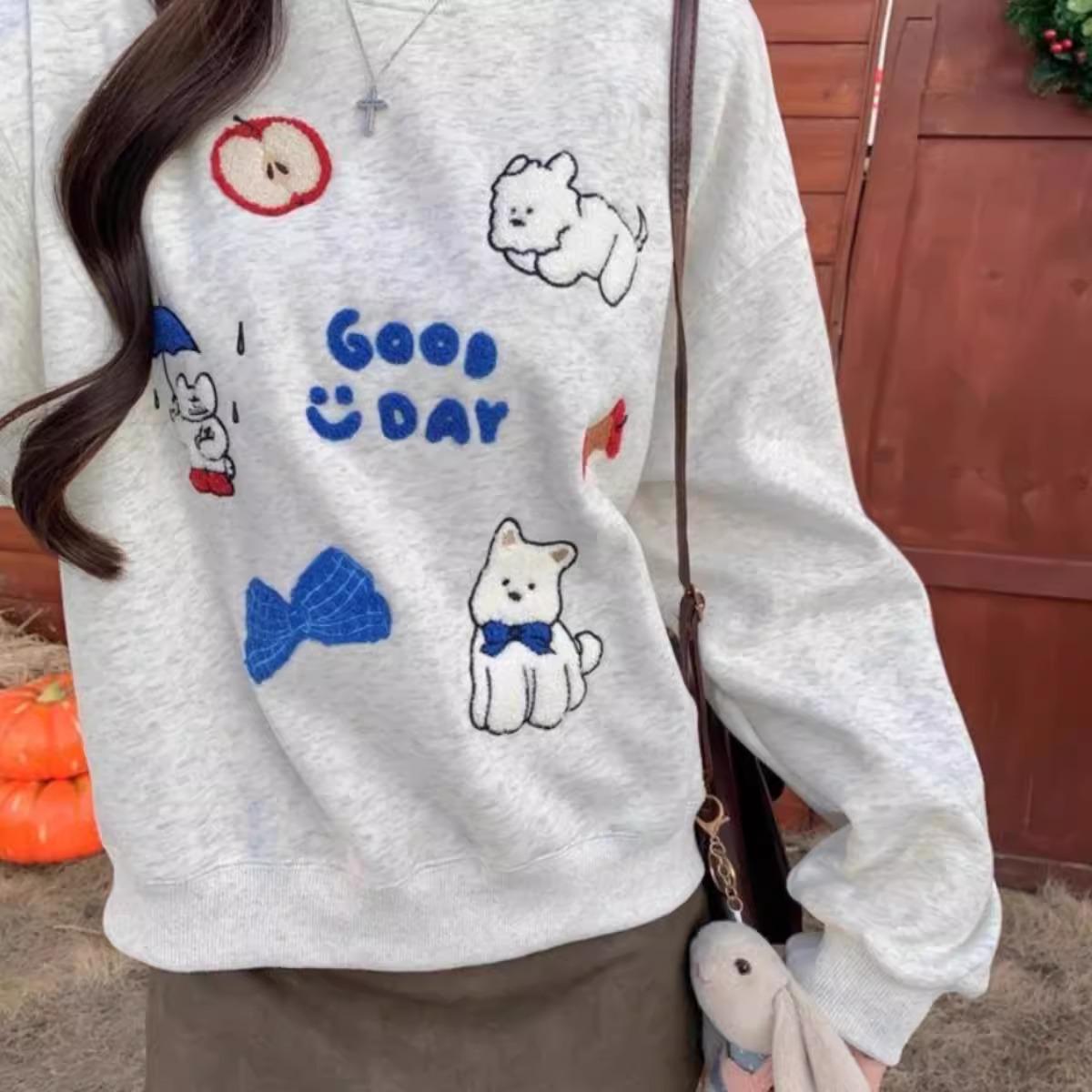 

Cartoon Embroidered Puppy Fleece-Lined Sweatshirt Jacket M