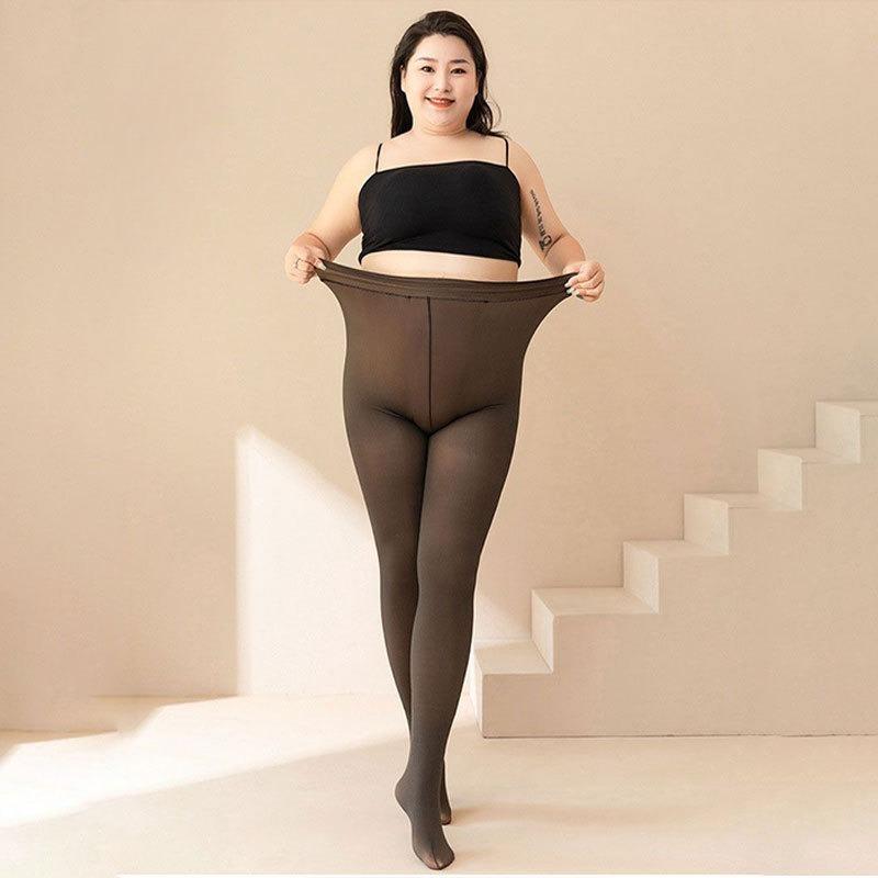 Women's Black See-Through Fake Sheer Flesh Thickened Fleece Lined Pantyhose Autumn Winter Outer Wear Leggings