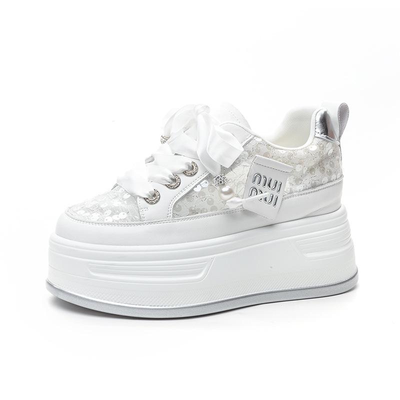 Spring and summer new versatile thick-soled inner height-increasing mesh breathable sequins mesh shoes casual muffin shoes