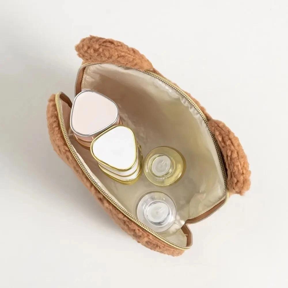 Kawaii Bear Ear Sherpa Makeup Bag, Cute Teddy Fleece Cosmetic Pouch for Women, Plush Travel Toiletry Organizer, Soft Vanity Case