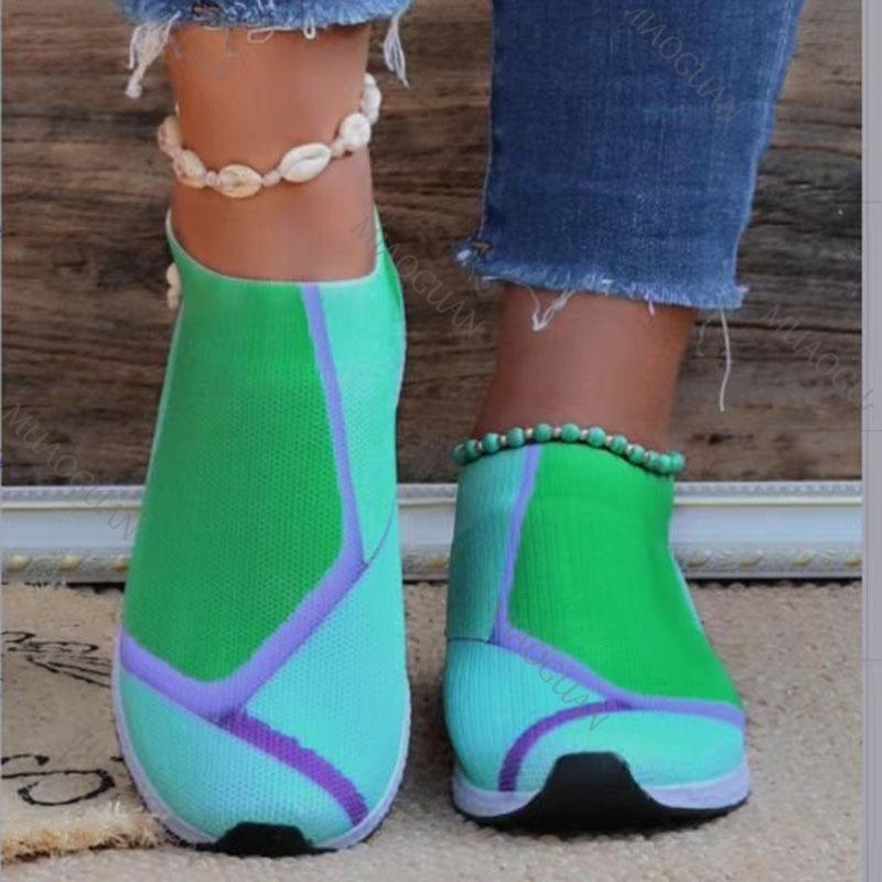 Fashion Autumn New Women's Mesh Sneakers Color Block Casual Breathable Lightweight Flats Soft Sole Elastic Slip on Vulcanize Shoes