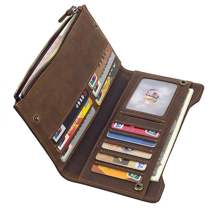 Crazy Horse Leather Long Wallet for Men Full Grain Cowhide Retro Business Wallet Handmade Snap Closure Card Holder Ready Stock