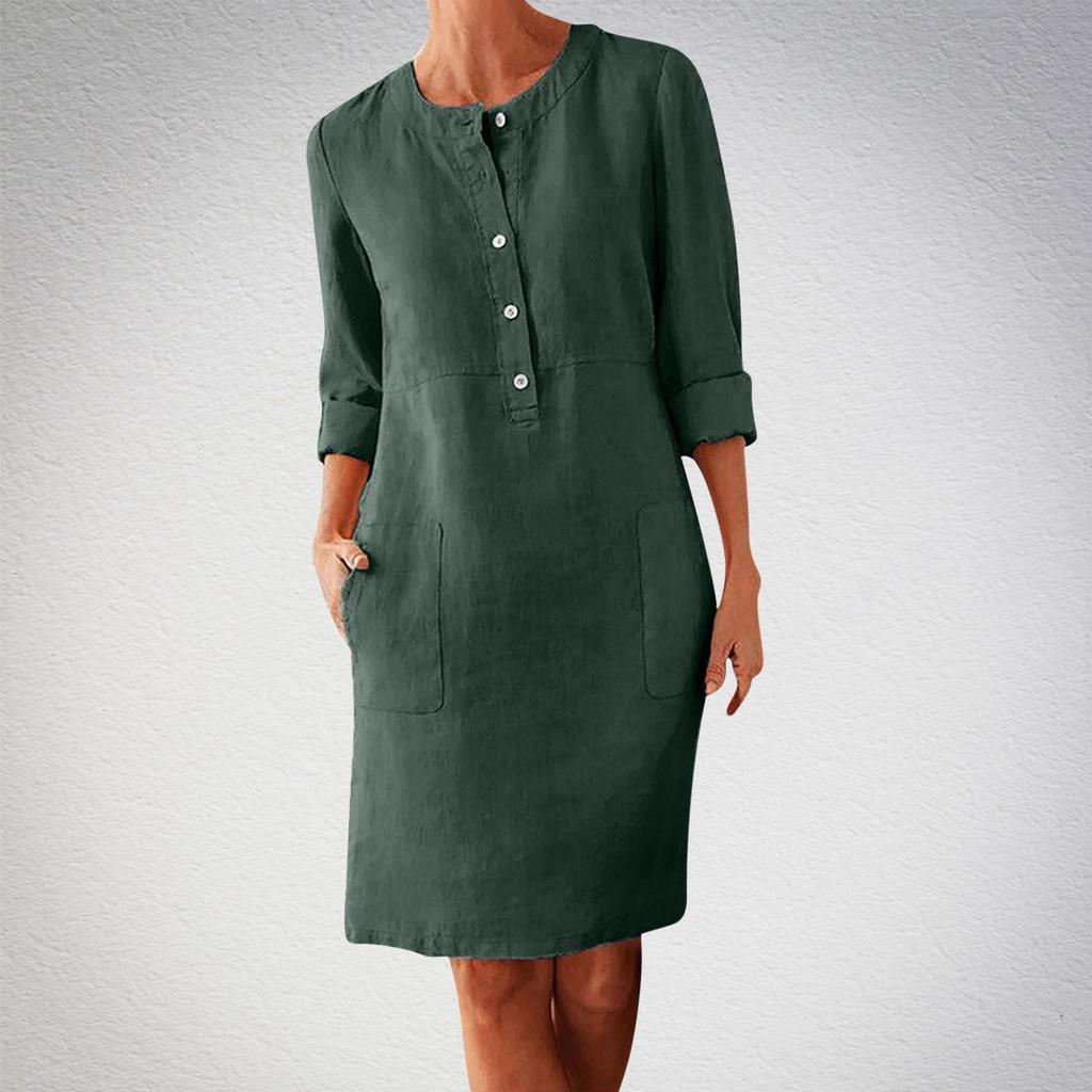 Large Size Women's Cotton and Linen Round Neck Long Sleeved Dress