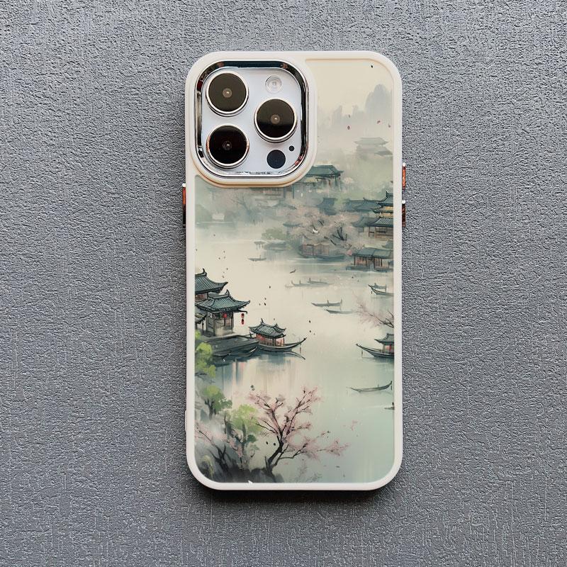 Mountains and Streams Pavilion Ink Brush Painting Phone Case for iPhone 12 13 14 11 Pro Max X XR XS 14 7 8 Plus SE Silicon Cover