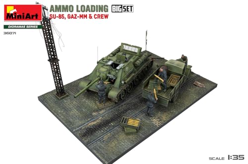 Miniart 1/35 Scale Soviet Ammunition Loading Big Set: SU-85 Self-Propelled Gun, GAZ-MM Medium Truck, and 6 Crew Members, Plastic Model Kit MA36071
