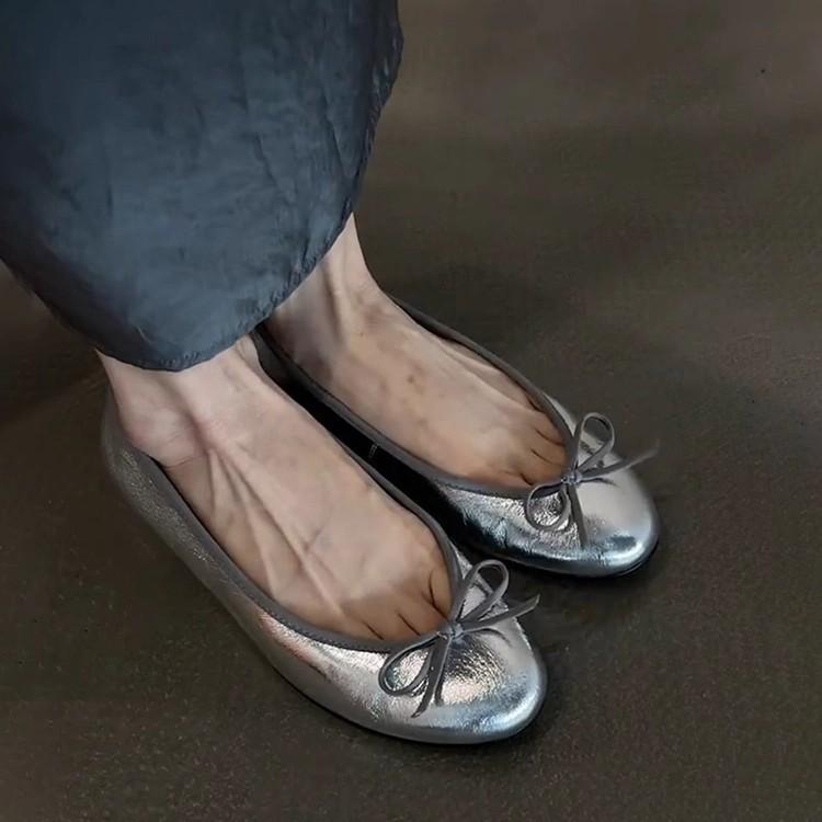 Leather shallow mouth ballet shoes women's bow versatile flat shoes Mary Jane shoes