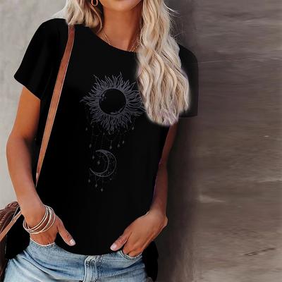 Women Summer T Shirt Sun and Moon Print Short Sleeve Tees Casual Printed Tops