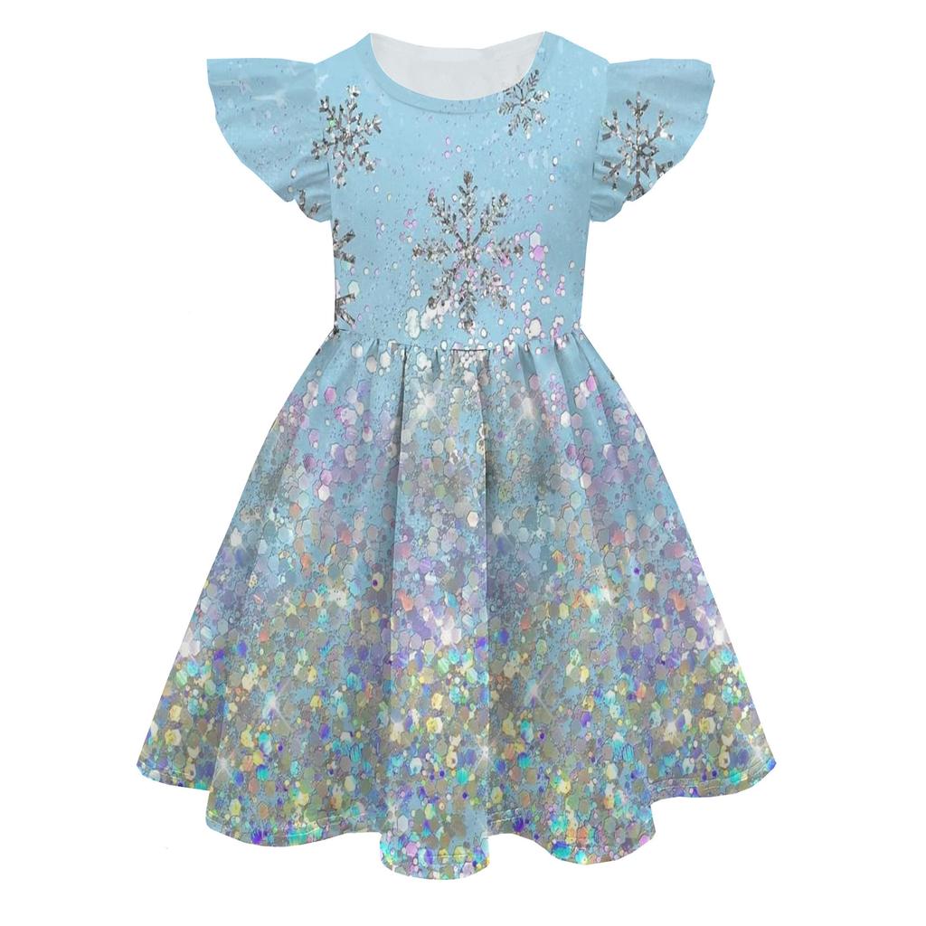 Europäisches und Amerikanisches Feifei-Ärmel Prinzessinnenkleid Farbe Peripherie 3D Digitaldruck Kinder-Milchseidekleid