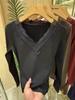 Women's Lace Trim V-Neck T-Shirt, Slim Fit, Long Sleeve, Ruffle Detail, Ideal for Spring and Autumn, Perfect As an Inner Layer.