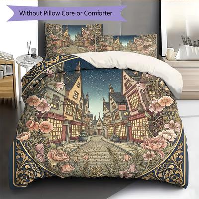 Building with Flower Border  Pattern Bedding Quilt Set  Home Decoration  Gift (1 * Duvet Cover + 2 * Pillowcase, Without Core)
