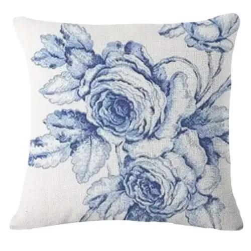 

Vintage Blue Flower Cotton Linen Pillow Case Chinese Style Pillow Cover Bird Girl Pattern Cushion Cover for Home Decor 45*45 CM 12x12Inch