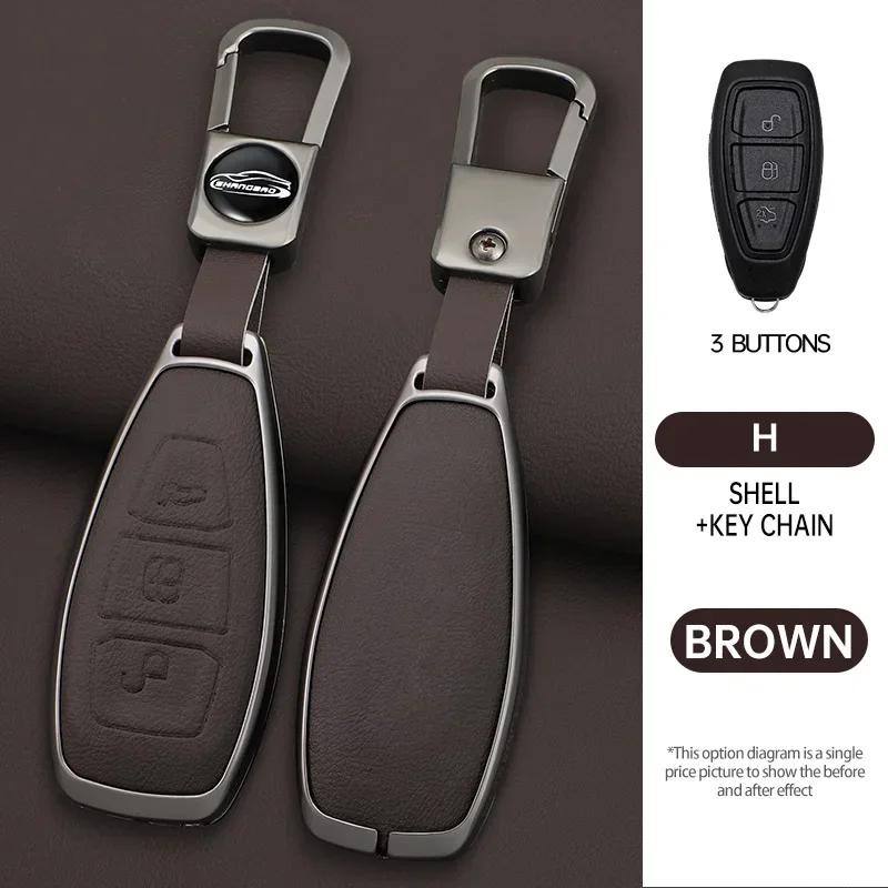 Zinc alloy leather Car Key Shell Case Fob For ford Fiesta Focus Mondeo C-Max B-Max Kuga Smart Key Cover 3 buttons auto parts