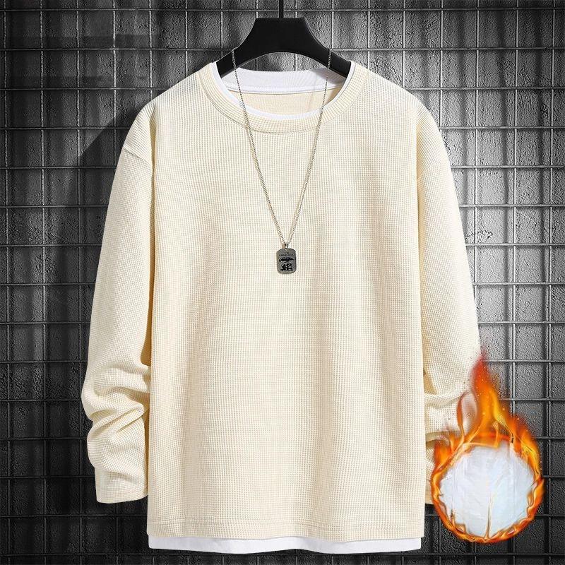 Loose Round Neck Inner Bottoming Shirt Trendy Men'S Waffle Fake Two Long-Sleeved T-Shirt Autumn And Winter Sweater