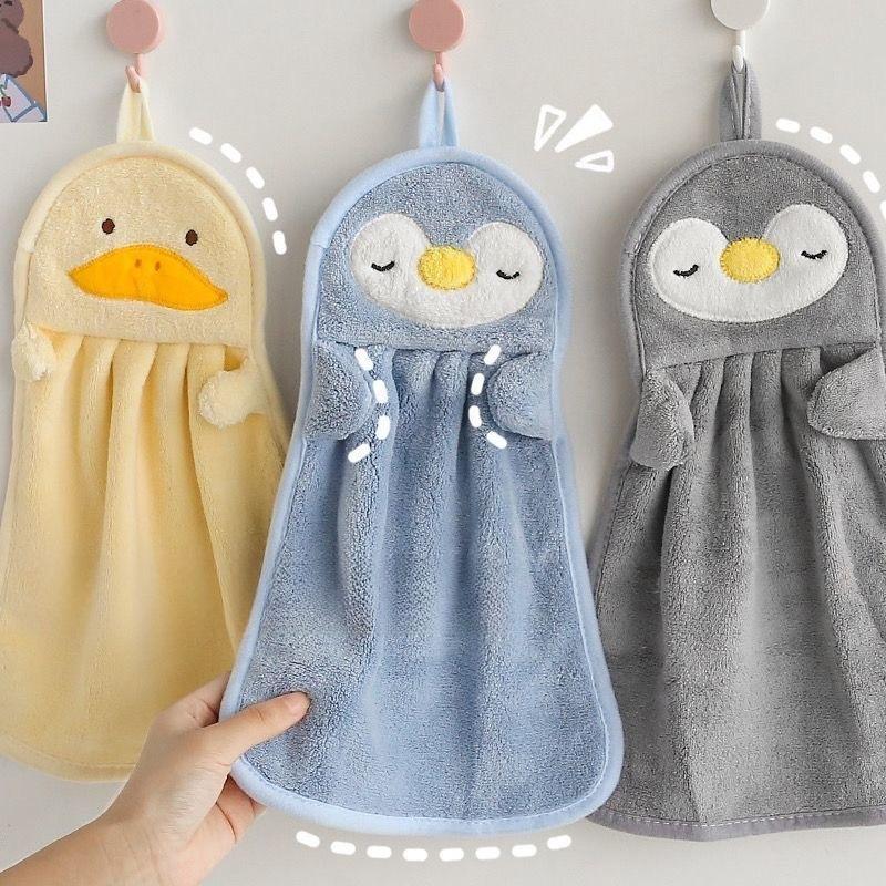 25x37cm Cartoon Penguin Hand Towel Hanging Yellow Duck Coral Fleece Handkerchief Thickened Absorbent Kitchen Bathroom Sink Towel for Adults Children