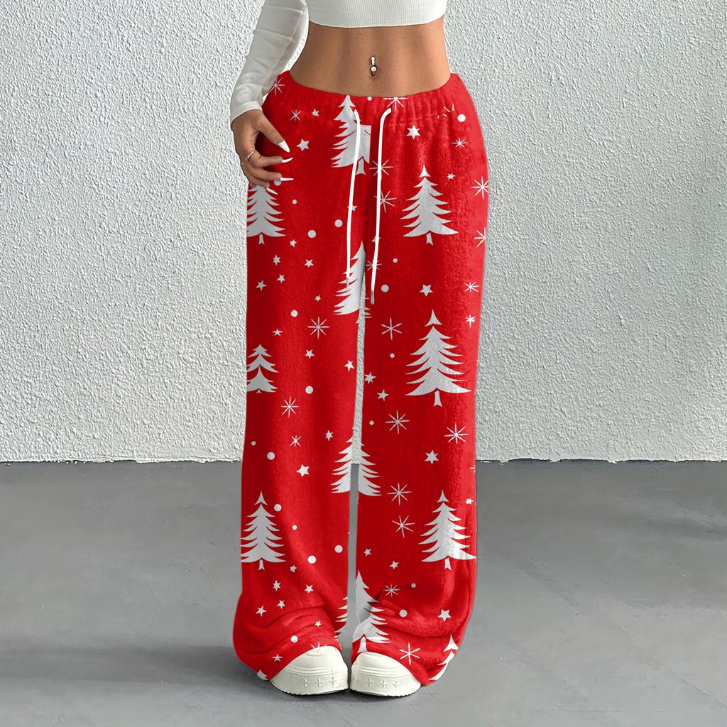 Women's Casual Fashion Printed Elastic Waist Loose Straight Leg Pants With Rope
