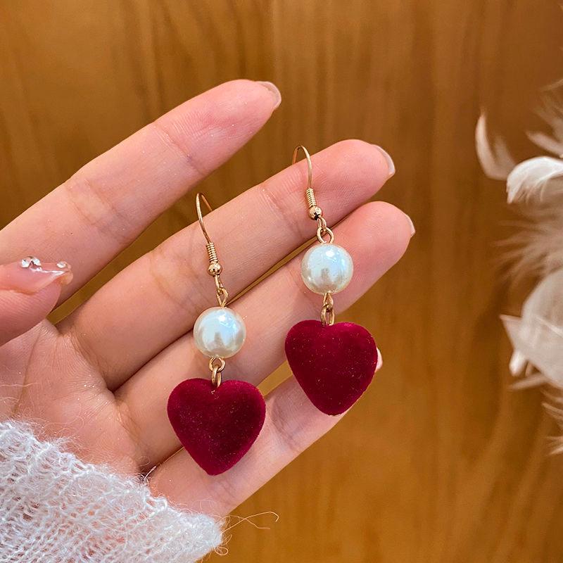 2024 D Retro Wine Red Velvet Rose Pearl Earrings: Hong Kong Style, Autumn/Winter Trend