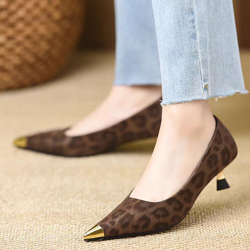 Stiletto Single Shoes Autumn New Metal Pointed Toe Shallow Mouth Leopard Print Slip Anti-slip Wear-resistant Kitten Heels