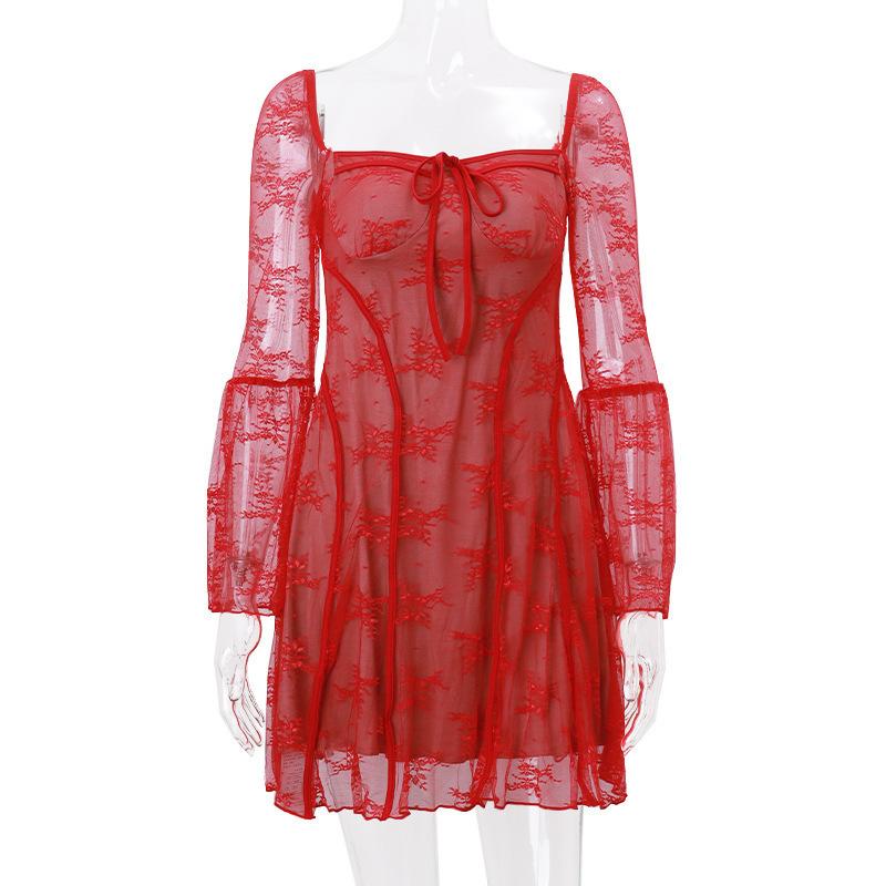 2026 European and American Summer Lace New Flared Sleeve Tube Top Dress Women's Clothing French Sexy Halter Hip Skirt