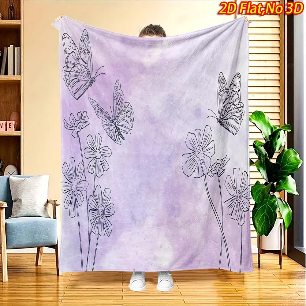 1pc 2D Flat Printing Spring And Summer New Arrival Butterfly Floral Theme Digital Print Blanket, All-Season Use, Casual Throw, 100% Polyester Fiber So