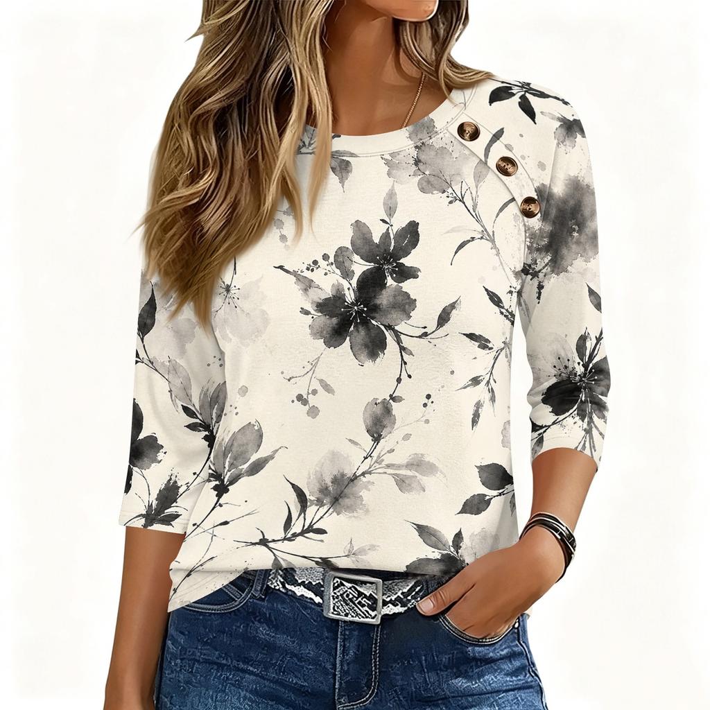 Women 34 Sleeve Crew Neck Button T Shirt Floral Print Casual Loose Fit Top for Daily and Office Wear