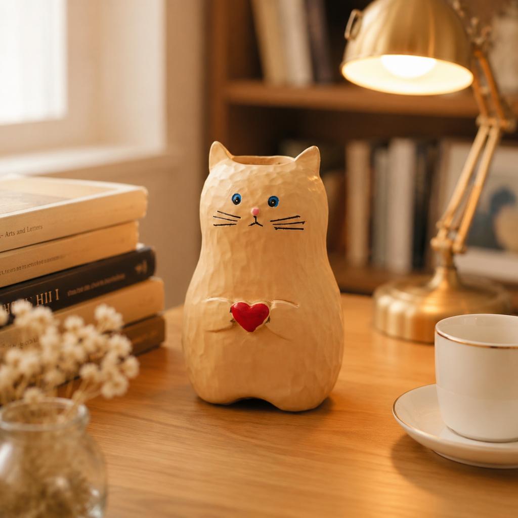 Vase Figurine Chat en Résine Forme Cœur Sculpture Décorative Ornement de Table Accessoire de Bureau Maison Bureau