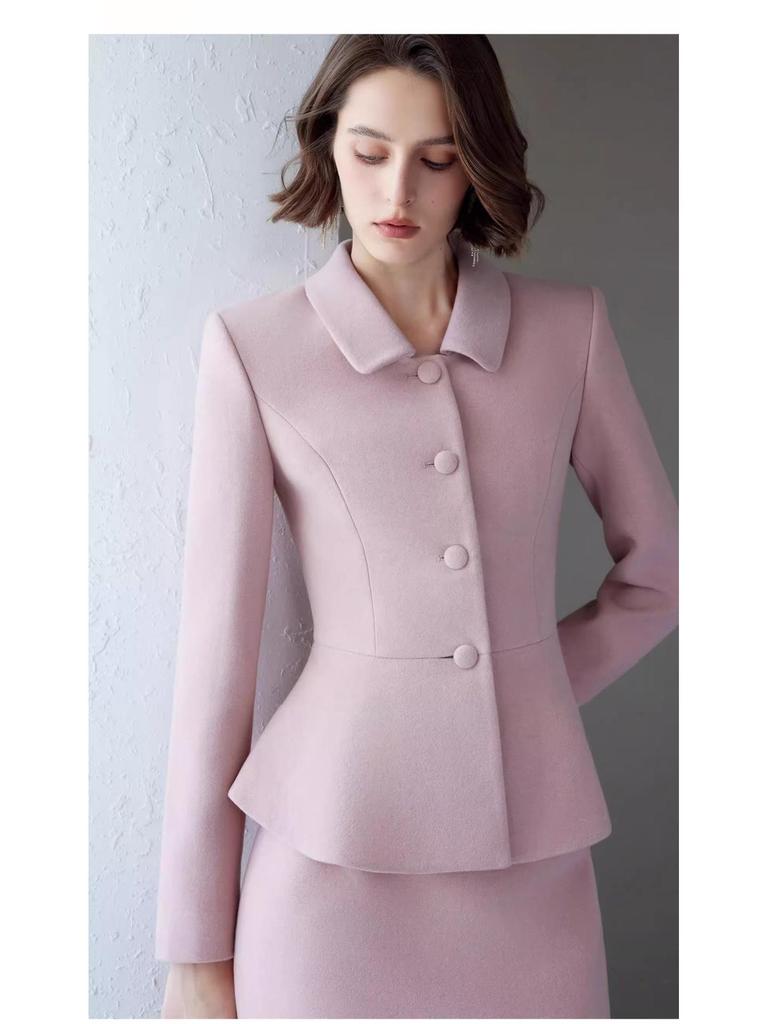 AD Korean Style Women's Stand-Up Collar Coat & Pink Wool Skirt Set, 2025 Winter Collection