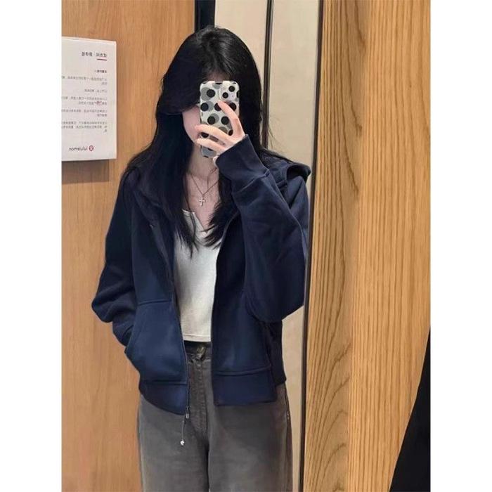 

2025 Fleece-Lined Thickened Short Sweatshirt for Early Autumn and Winter XL темно-синього кольору
