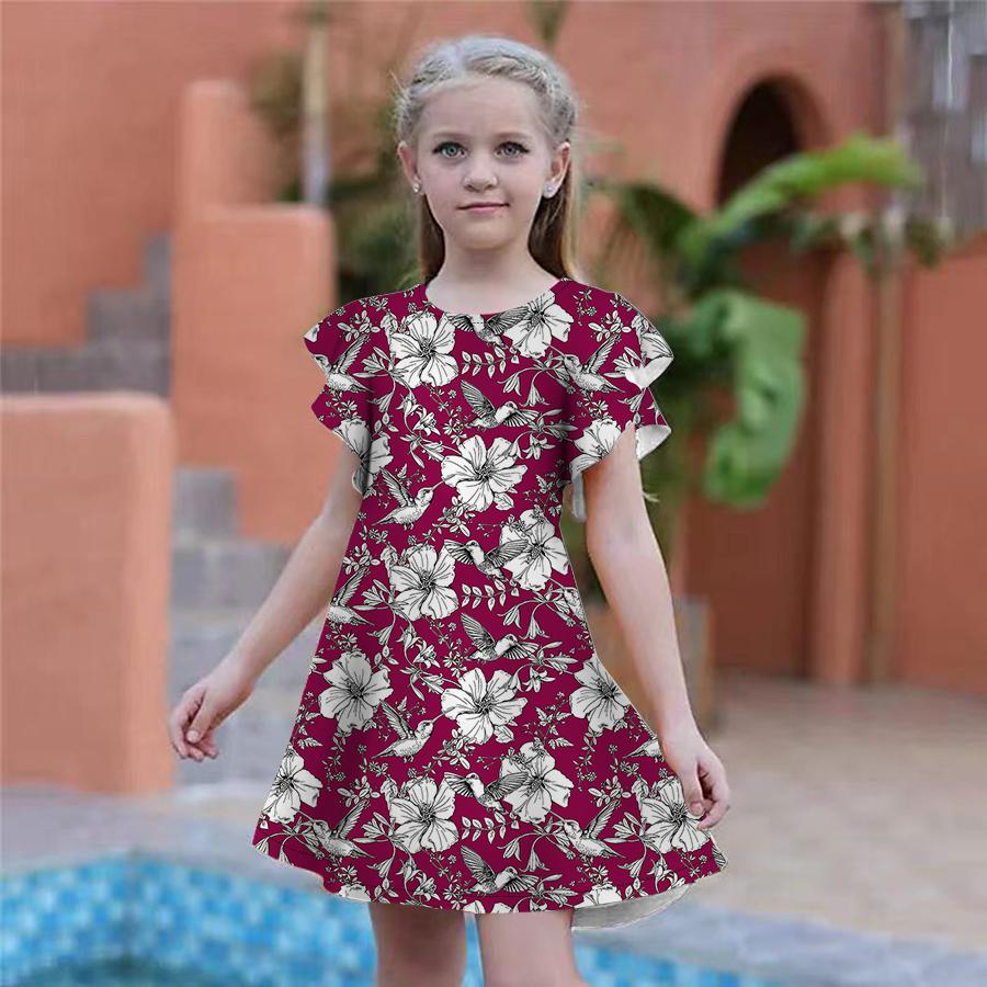 

Платья с зеленой птицей и цветочным принтом для девочек. Детское праздничное платье для девочек. Свободная облегающая юбка с короткими рукавами для девочек старше четырех лет. 140 красный