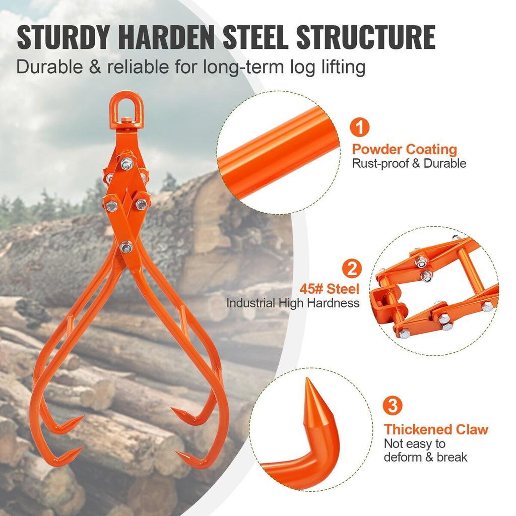 Timber Claw Hook, 36 inch 4 Claw Log Grapple for Logging Tongs, Swivel Steel Log Lifting Tongs, Eagle Claws Design with 3307 lbs/1500 kg Loading