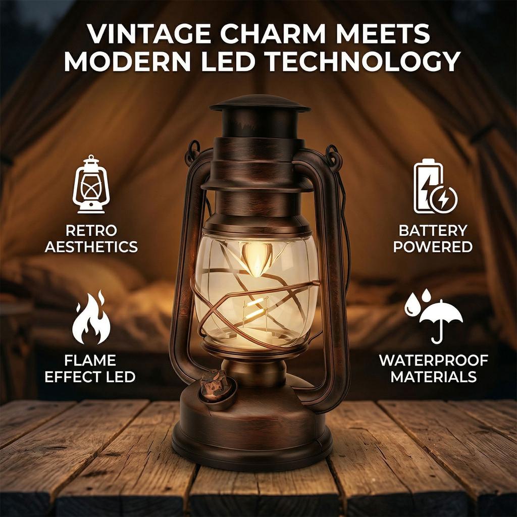 LED Vintage Camping Lantern Battery Powered Retro Camping Light Waterproof Hanging LED Tent Lamp for Outdoor Hiking Fishing