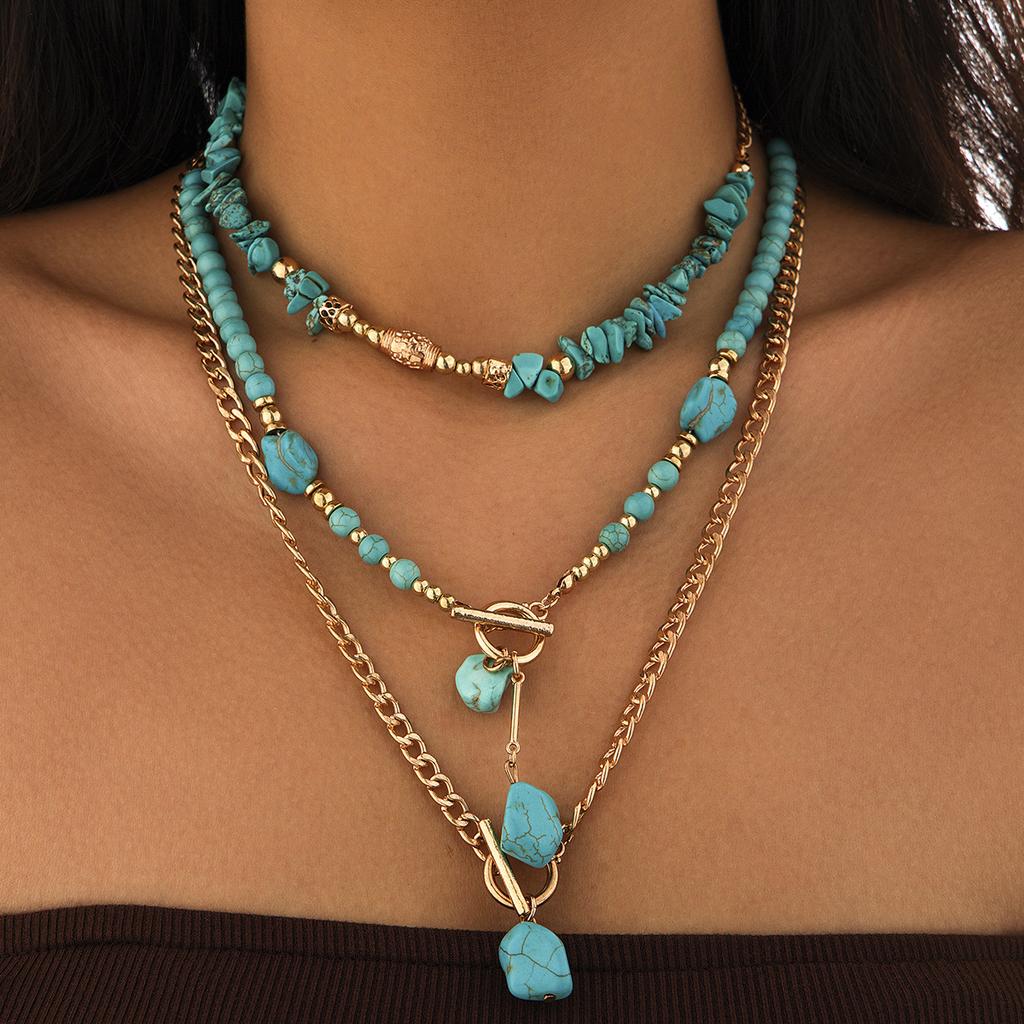Retro Imitation Turquoise Cow Head Collarbone Necklace, Exotic Ethnic Style Cactus Stacked With Beaded Necklace