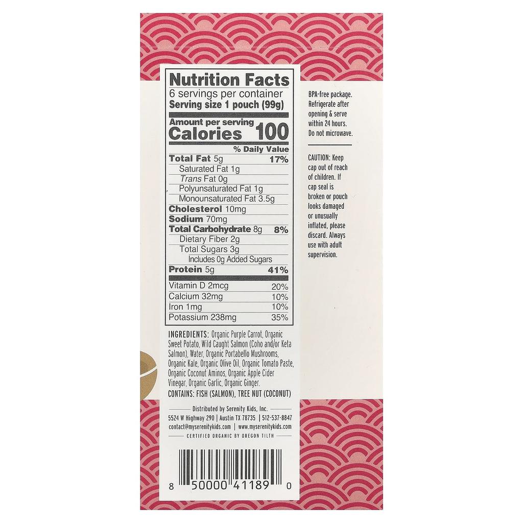 Serenity Kids, Contains Natural Salmon Teriyaki, Sweet Potato, Purple Carrot, and Coconut Amino, 6 months and up, 6 pouches, 99g (3.5oz) each
