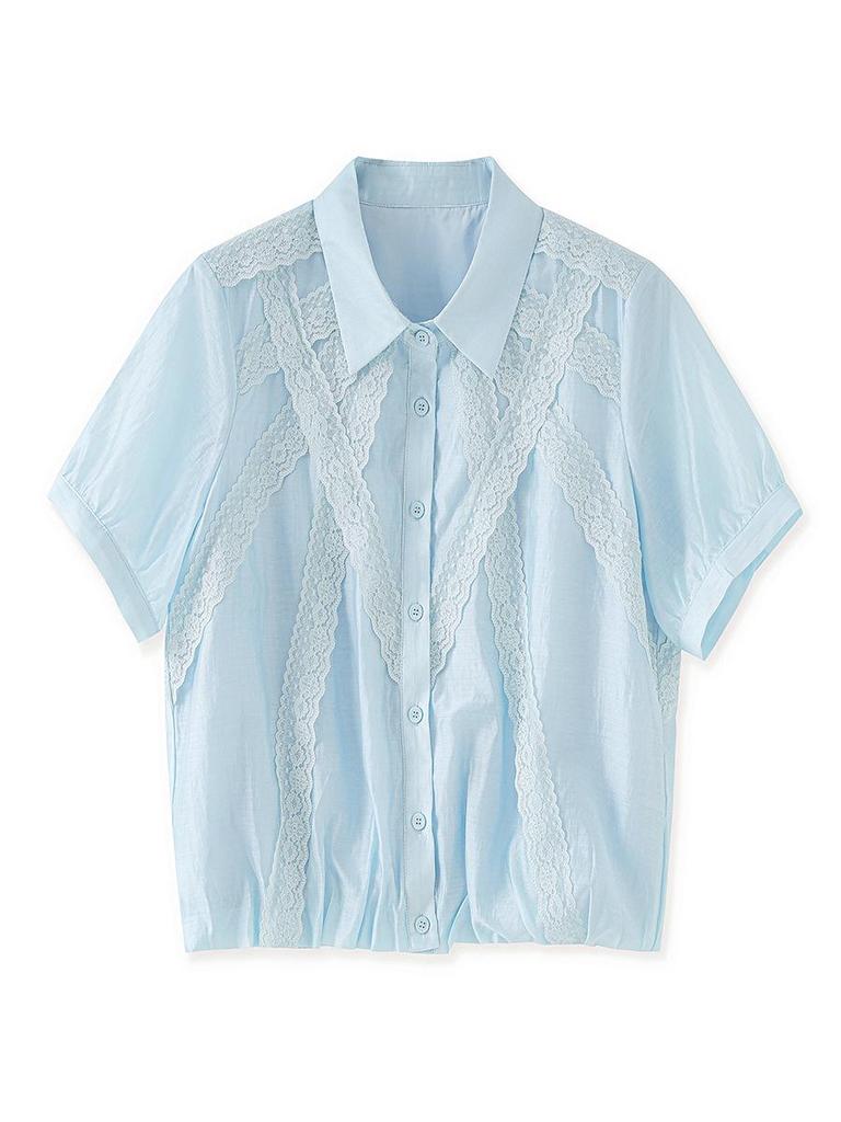 Elegant French Fine Spun Lace Puff Sleeve Cotton Blouse - Women's Summer Top