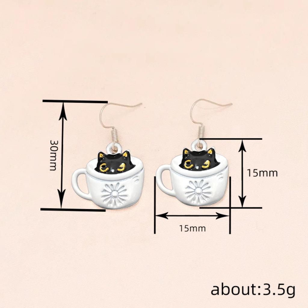 Cute Black Cat In Coffee Cup Drop Earrings for Women Sweet Enamel Cat Design Dangle Earrings Fashion Daily Jewelry