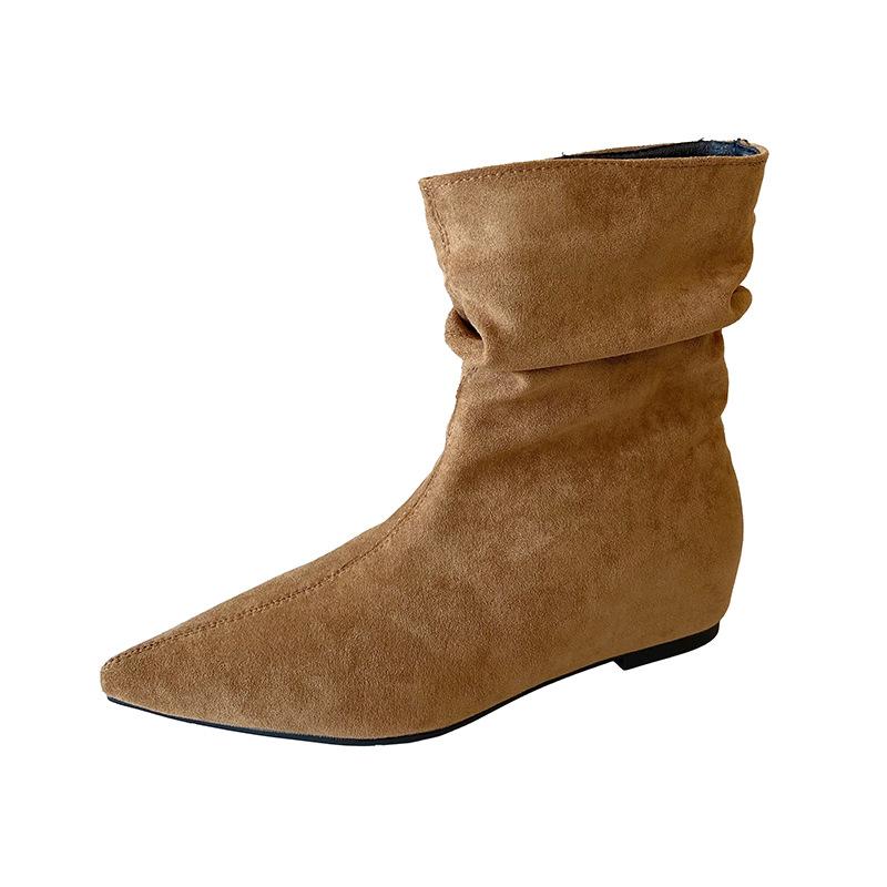 9013 Huiliya French 2025 Autumn and Winter New Flat Bottom Pointed Pleated Stacking Boots Skinny Boots Martin Boots Women's Shoes