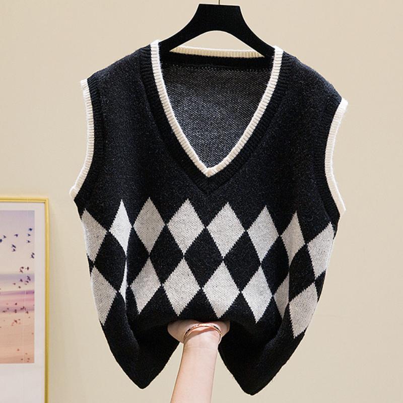 

Осенний новый вязаный свитер с узором «Аргайл», жилет для женщин, без рукавов, для офиса, элегантный жилет, топы, свободный винтажный повседневный трикотажный жилет, зимние свитера 25050 One Size чёрный