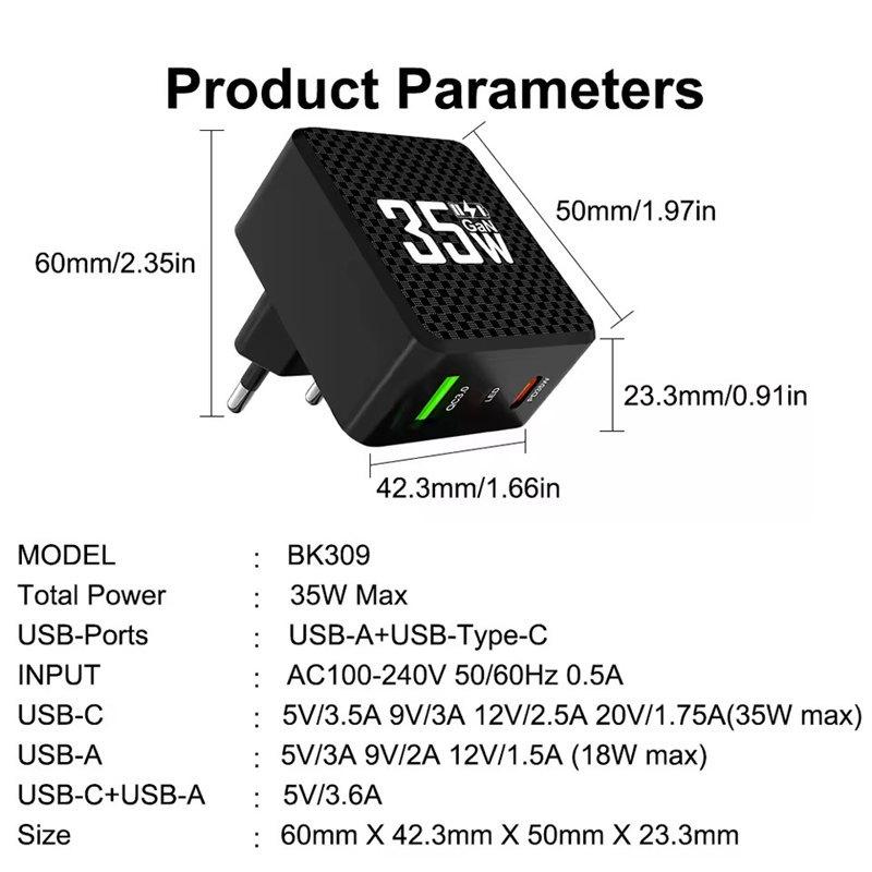 2 Ports Mini 35W GaN USB Type C Charger QC3.0 Portable Fast Charging For iPhone 14 Pro Xiaomi 13 Samsung EU/US