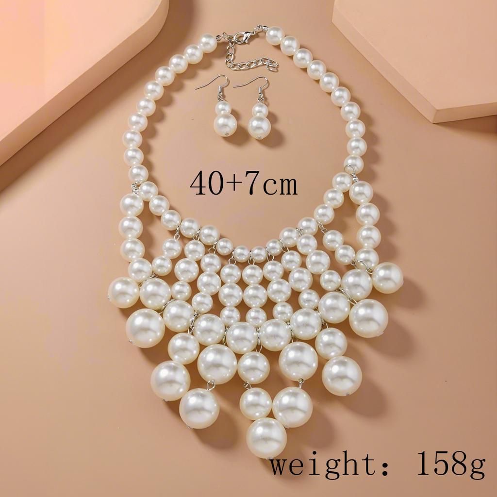 Temperament Fashion Multi Layer Pearl Necklace Earring Set Personality Versatile Tassel Pearl Exaggerated Collarbone Chain Female