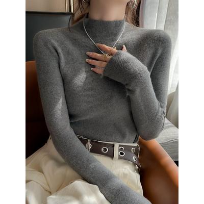 Knitted Bottoming Shirt for Women's Spring and Autumn New Models with Gray Semi-turtleneck Sweater Slim-fitting Long-sleeved Knitted Top for Women