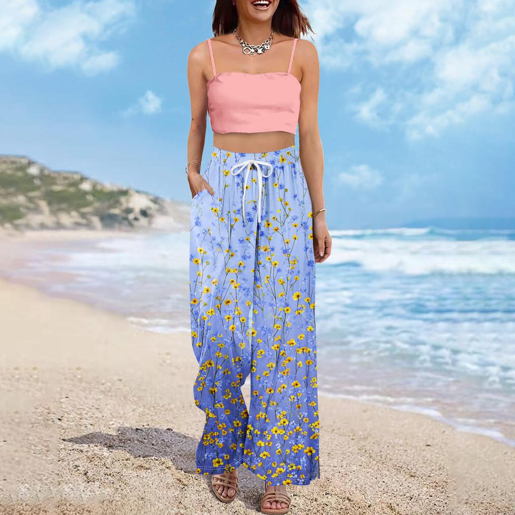 Dámské letní kalhoty Boho Palazzo s vysokým pasem a širokými nohavicemi s květinovým potiskem ležérní kalhoty s kapsami