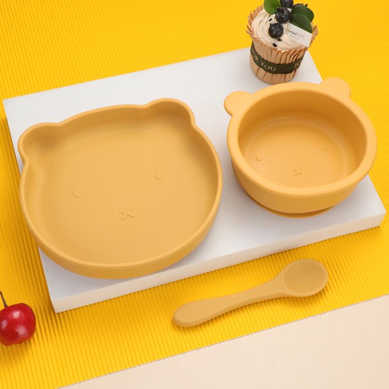 Little Bear Children's Silicone Tableware Set: Anti-Fall Bowl, Plate, and Spoon