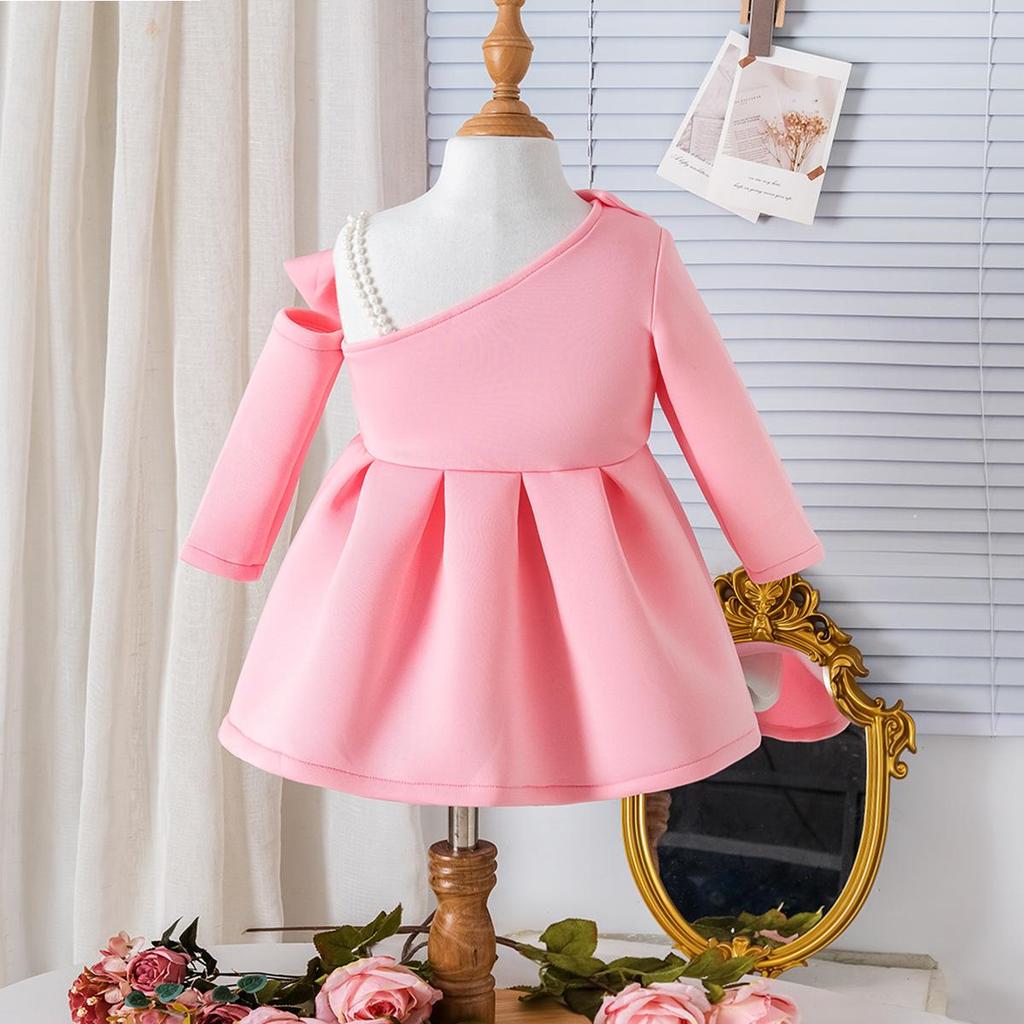 Children's Sweet Dress 2025 Spring and Autumn Girls Pearl Bow Halter Long-sleeved Dress