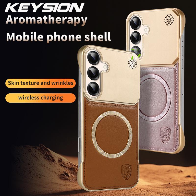 KEYSION Luxury Magnetic PU Leather Aromatherapy Phone Case for Samsung Galaxy S24 S25 Ultra Wireless Charging Borderless Cover
