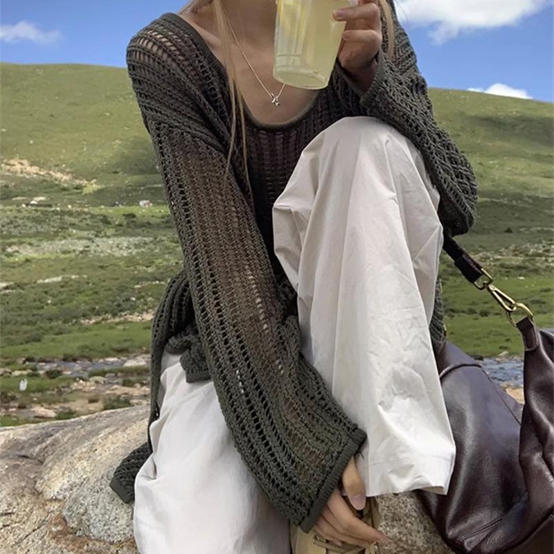 Fashion Loose Long Sleeve Hollow Out Knitted Sweater Women Casual Outer Blouse Thin Hollow Spring Summer Covers Up Long Air-conditioning Shirt Top