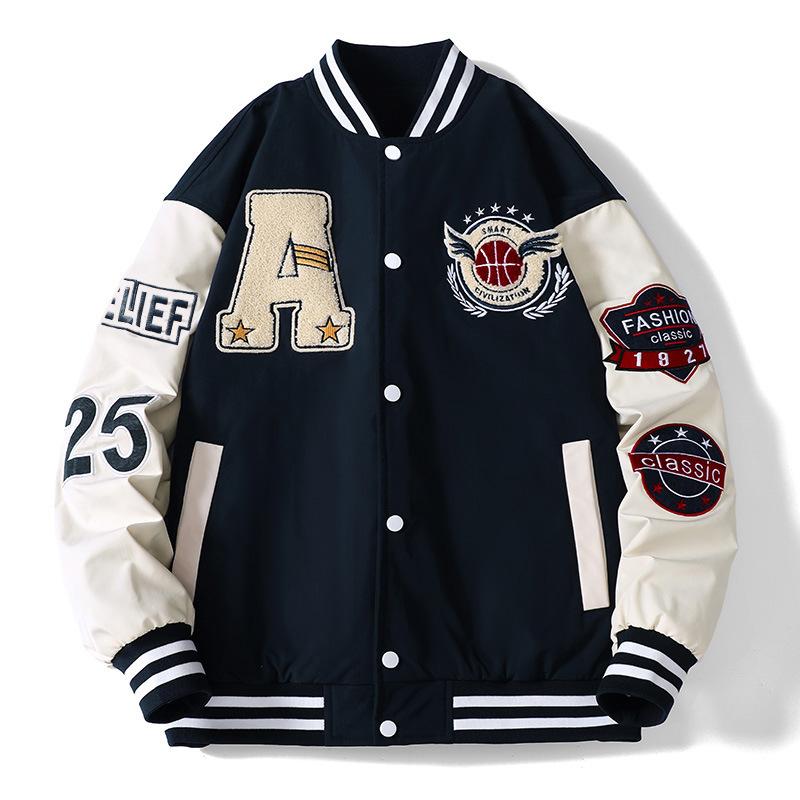 

American baseball uniform stand-up collar casual versatile embroidered youth jacket loose couple cardigan men s jacket 3XL