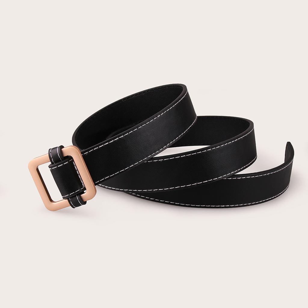 Women'S Rose Gold Square Buckle Day Buckle Black Belt Basic Thick Line Textured Women'S Belt