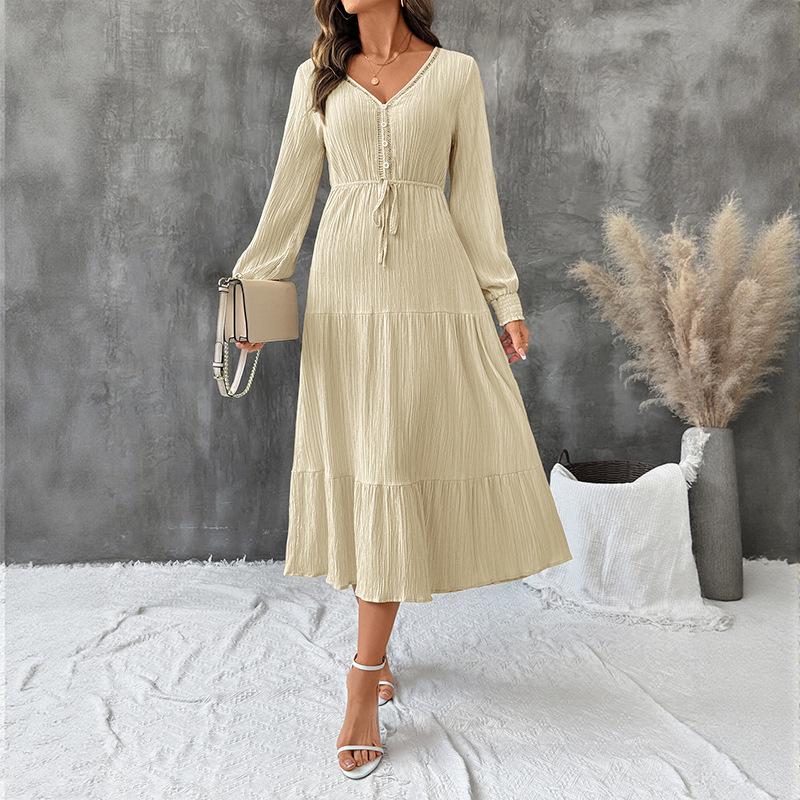 

Women s Elegant V Neck Ruched Long Dress Long Sleeve Tie Waist Layered Patchwork Party A-Line Dress XL абрикосовый