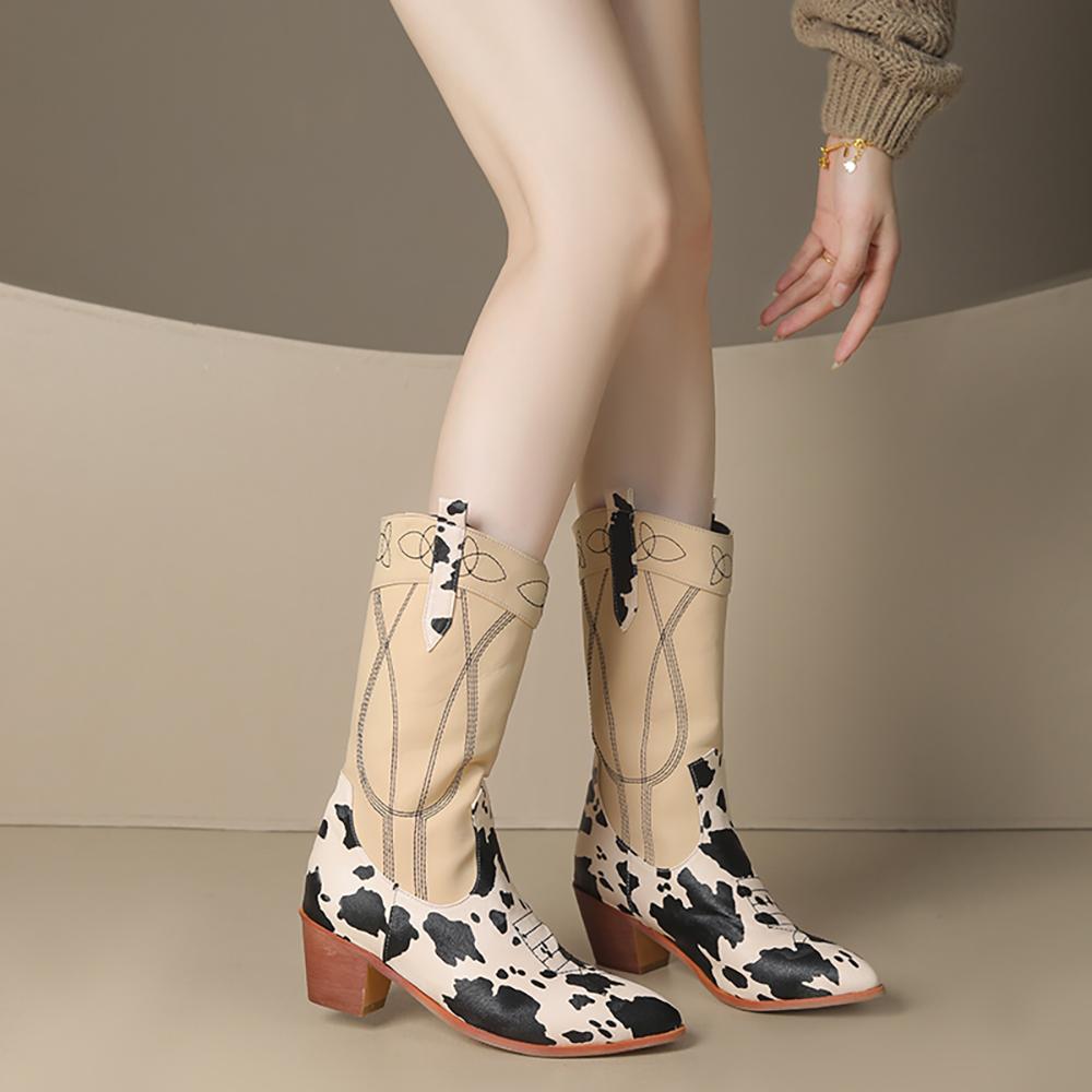 Winter Khaki Black Women Mid Calf High Boots Pointed Toe High Square Heel Small Big Size 33 47